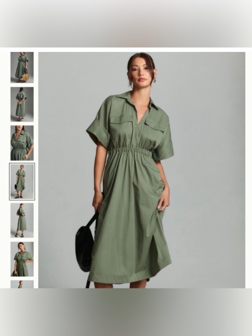 Anthropologie Olive Green Midi Dress with Gathered Waist